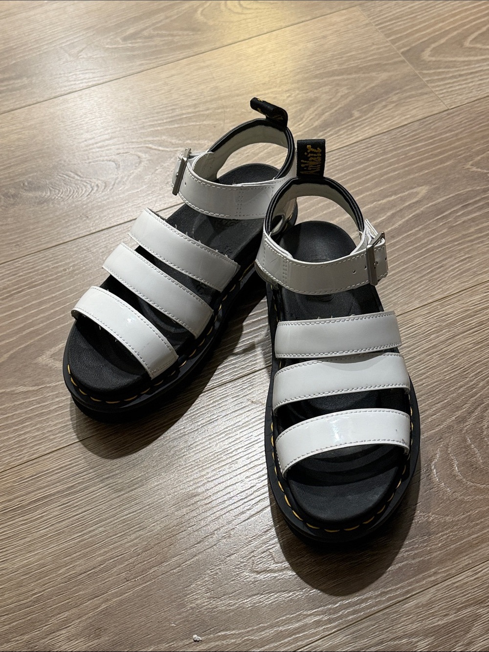 Dr. Martens White and Black Strappy Platform Sandals